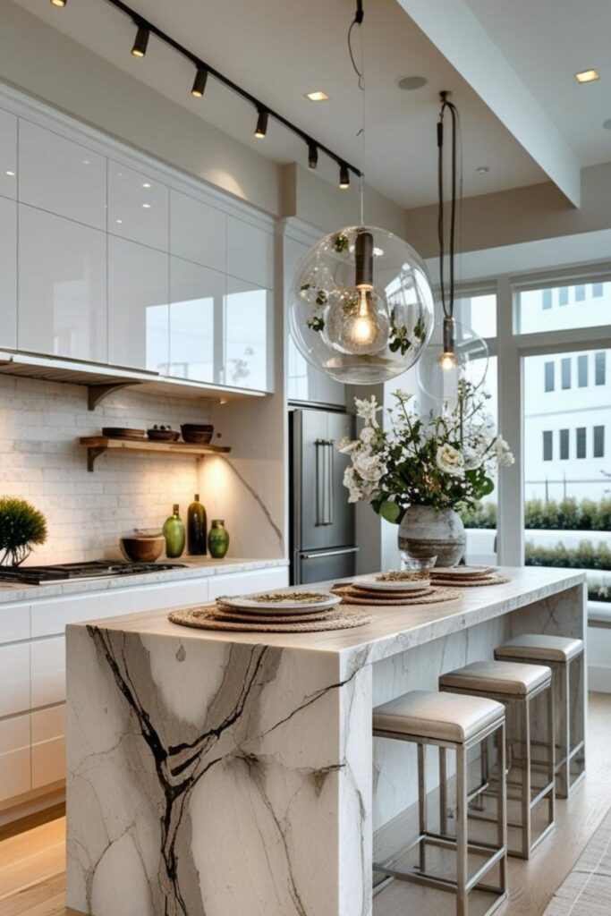 Industrial Chic Kitchen With Concrete Grey Island and Black Steel