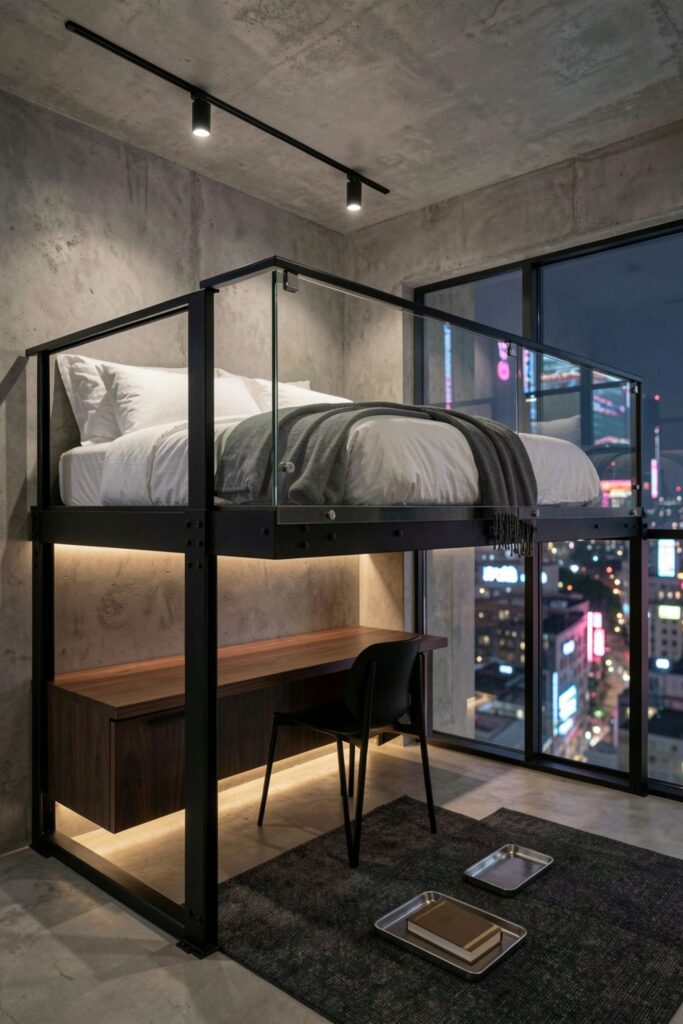 Industrial Glass-Frame Loft With Steel Grid + Concrete Lines