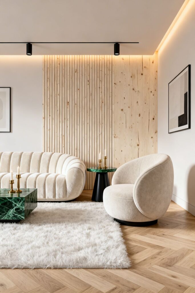Ivory Channel-Tufted Curved Sofa With Green Marble Accent