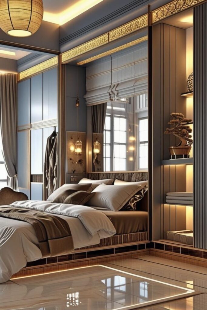 Japandi Ash Wardrobes with Recessed Bed Niche and Lantern Pendant