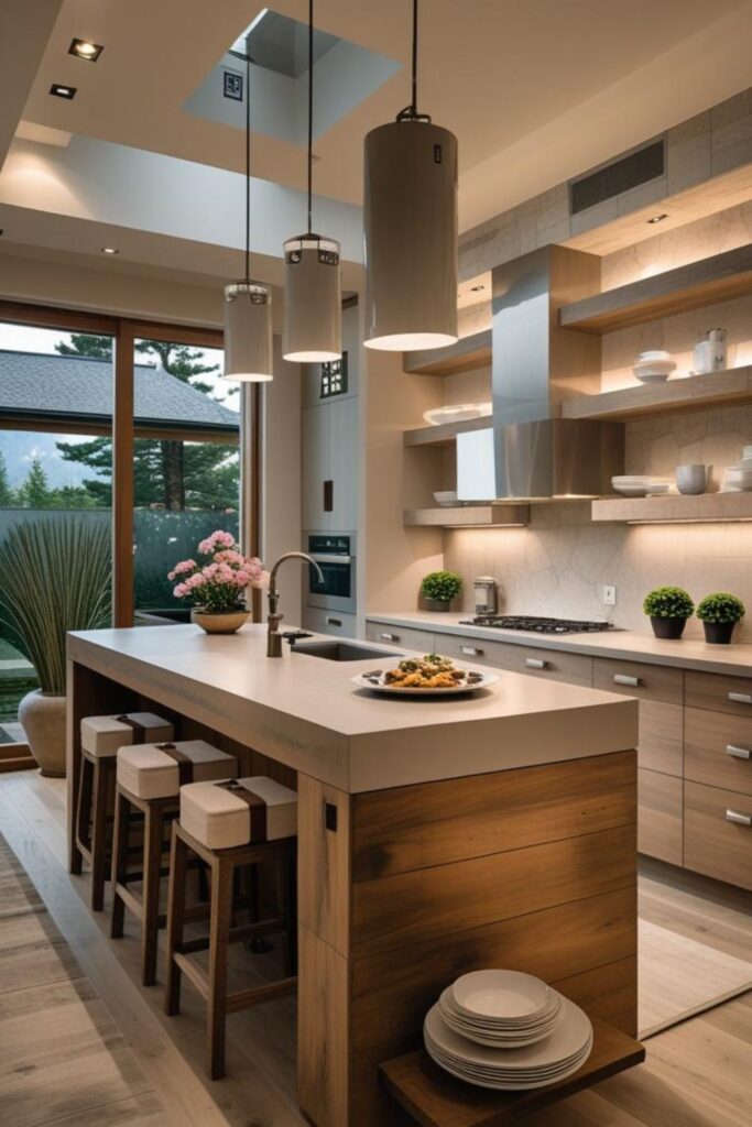 Japandi-Inspired Kitchen With Soft Grey Island and Stone Slab Backsplash