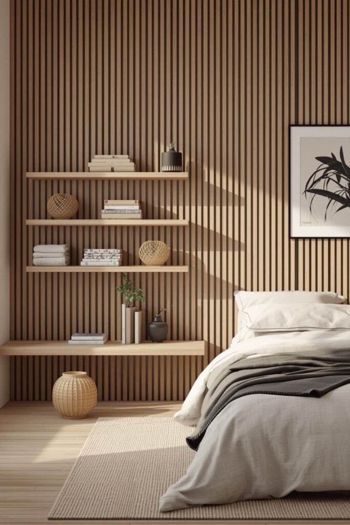 Japandi Slat Wall Shelves with Neutral Baskets and Calm Lines
