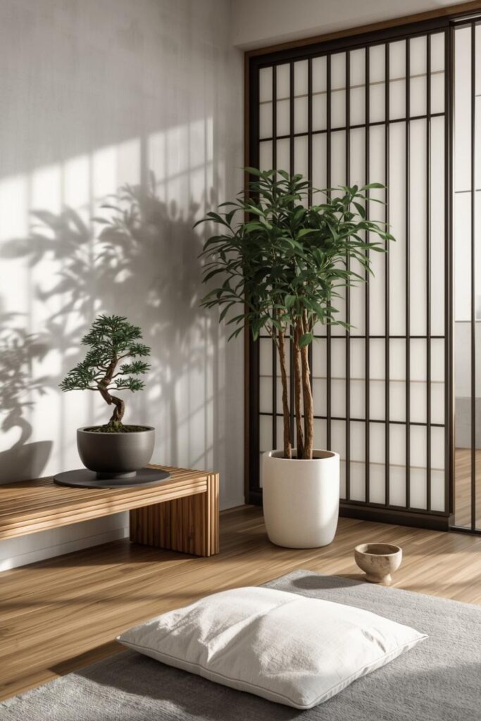 Japanese-Inspired Zen Plant Room with Bonsai and Pebble Tray
