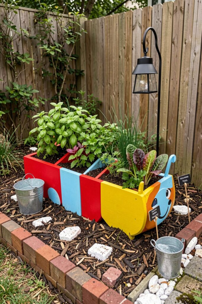 Kids-Friendly Garden Corner with Bright Caterpillar Herb Planter