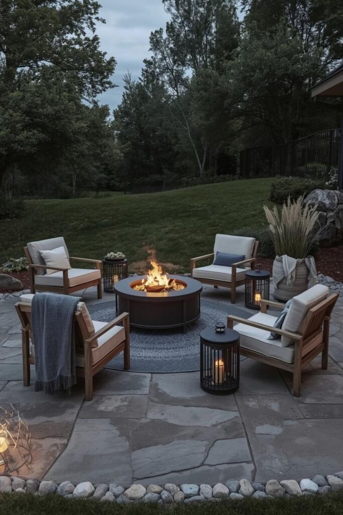 Lakeside-Inspired Fire Pit With Weathered Wood and Pebble Border