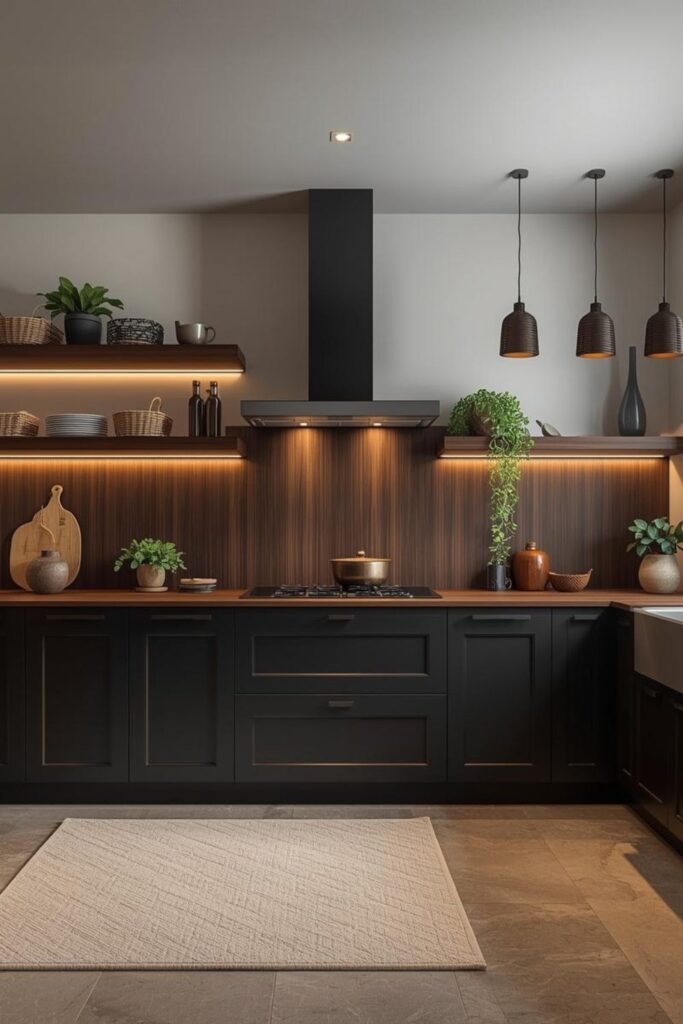 Layered Task Lighting Over Walnut Counter With Black Matte Base