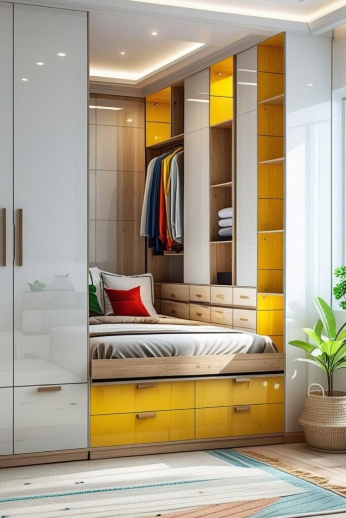 Light Oak Wardrobe Bridge Above Bed with Built-In Night Niches