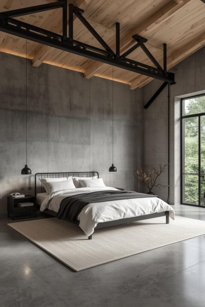 Light Pine Beams With Matte Black Bedframe Contrast