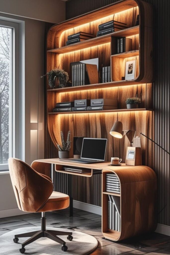 Light Sage Wall Texture With Curved Desk And Soft Task Lighting