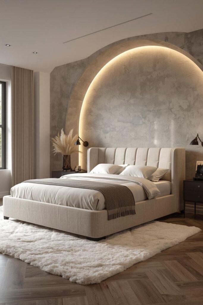 Linen Sleigh Bed with Plaster Curved LED Statement Wall