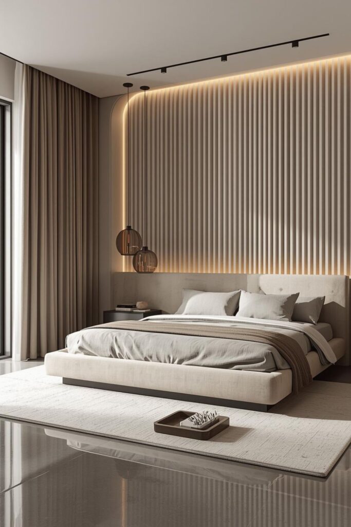 Low-Profile Beige Platform Bed with Ribbed LED Curve