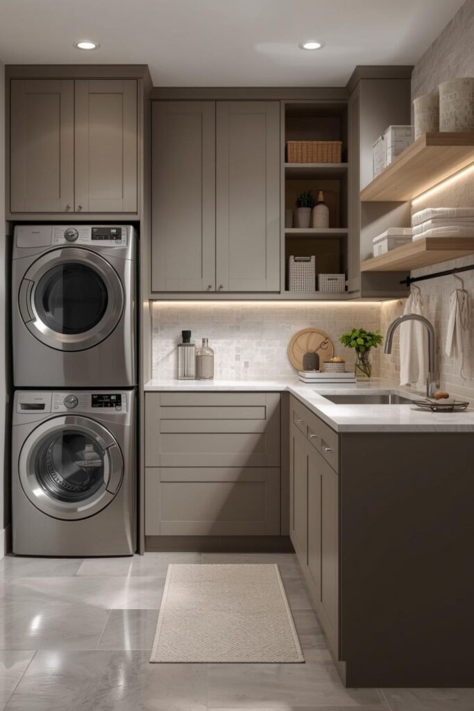 Luxury Matte Taupe Laundry With Integrated Lighting And Seamless Panels