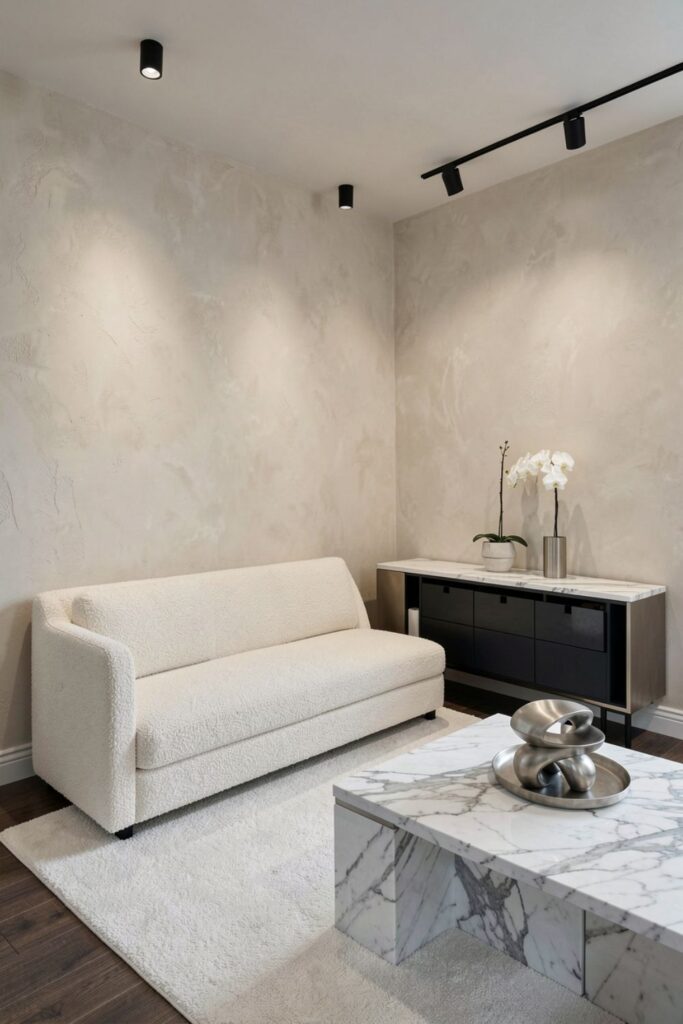 Luxury Micro Living Room with Marble Console and Hidden Storage