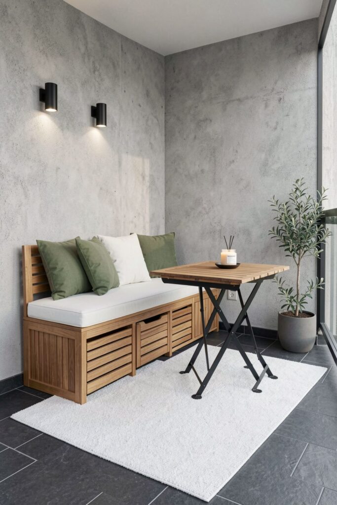 Luxury Small Balcony Lounge with Teak Bench Storage and Lantern Light
