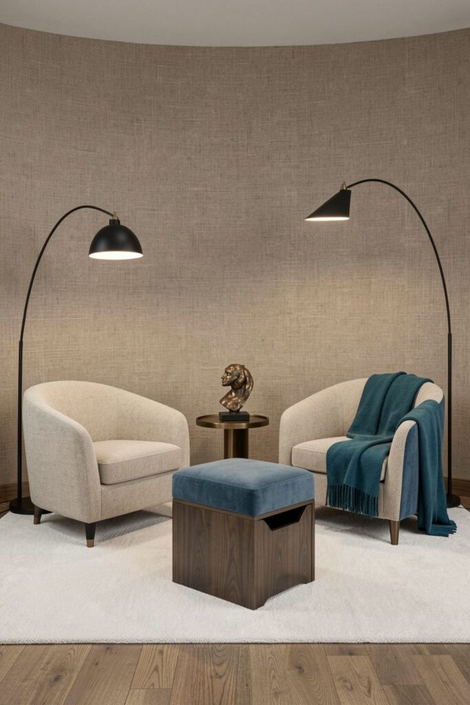 Luxury Small Lounge with Curved Chairs and Ottoman Storage Cube
