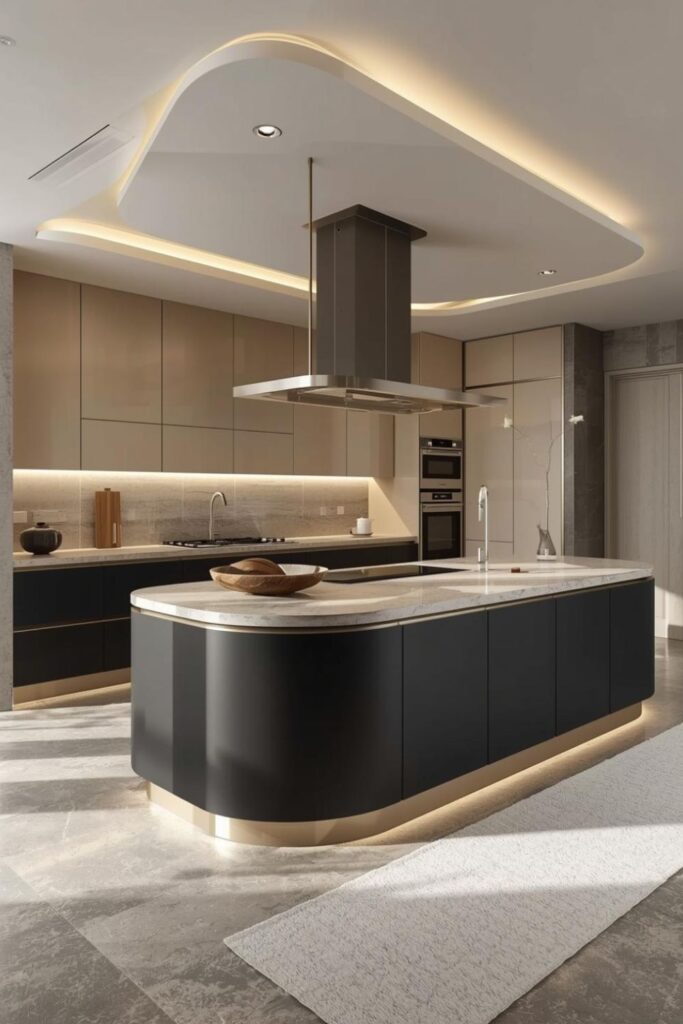 Matte Black And Sand Two-Tone With Bright Curved Island Lighting