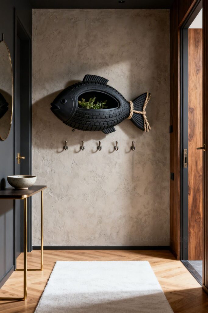 Matte Black Tire Fish Planter for Minimal Entry Wall