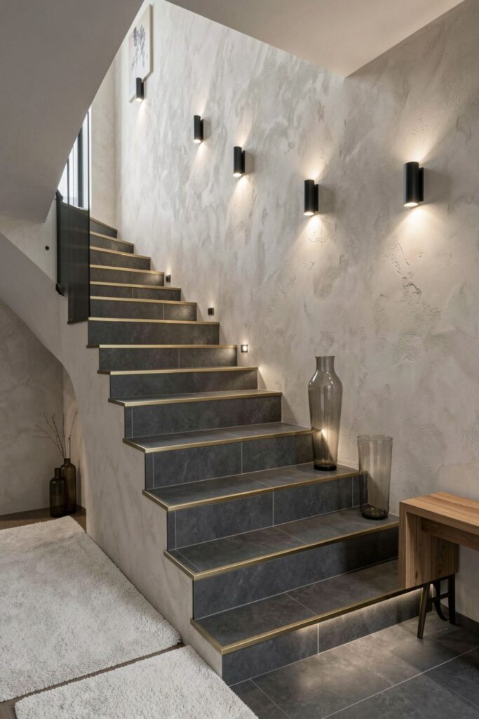 Matte Graphite Porcelain Steps with Slim Brass Nosing Detail