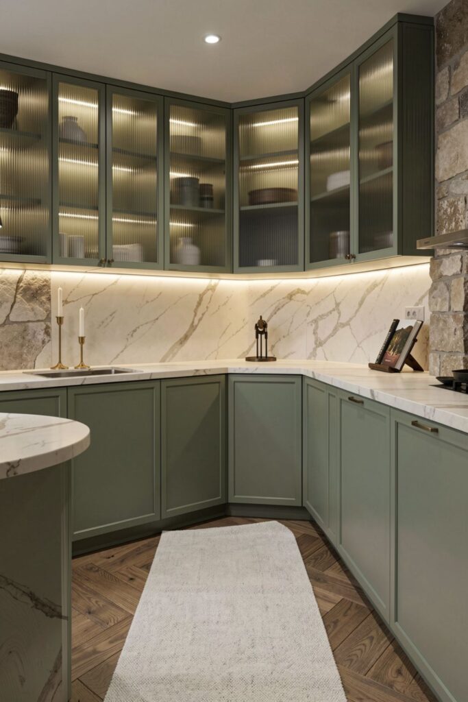 Matte Sage Green Kitchen with Glass-Front LED Cabinets