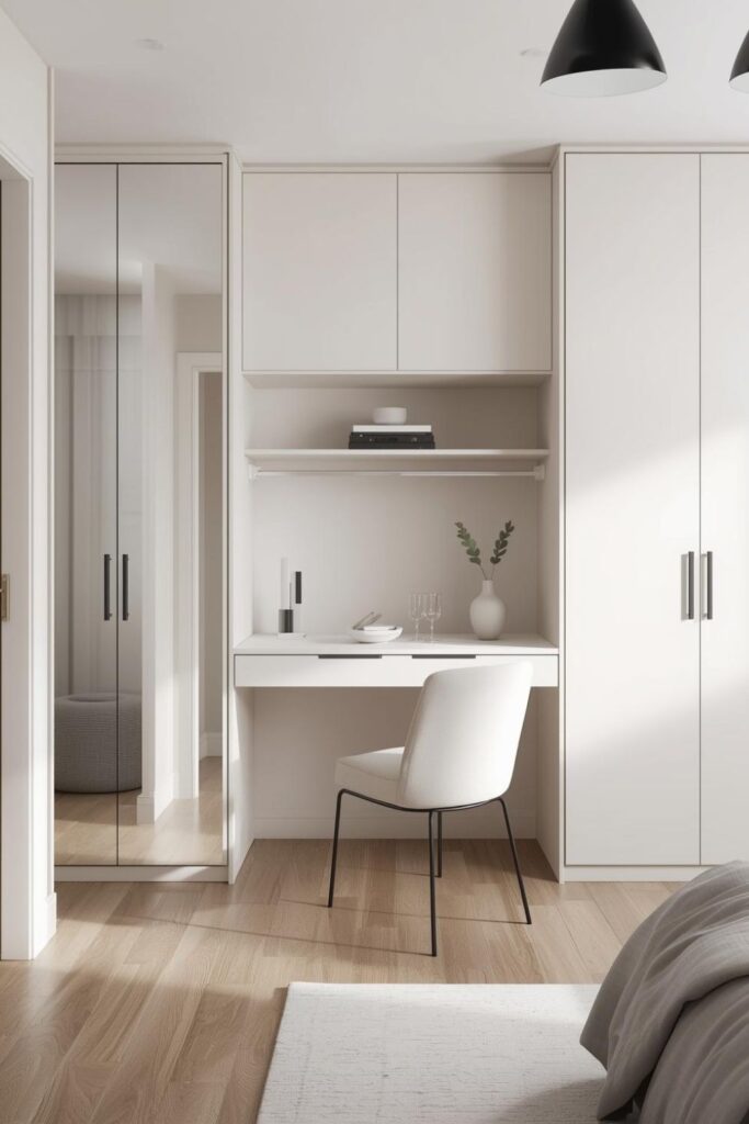 Matte White Wardrobe Surround with Floating Desk and Mirror