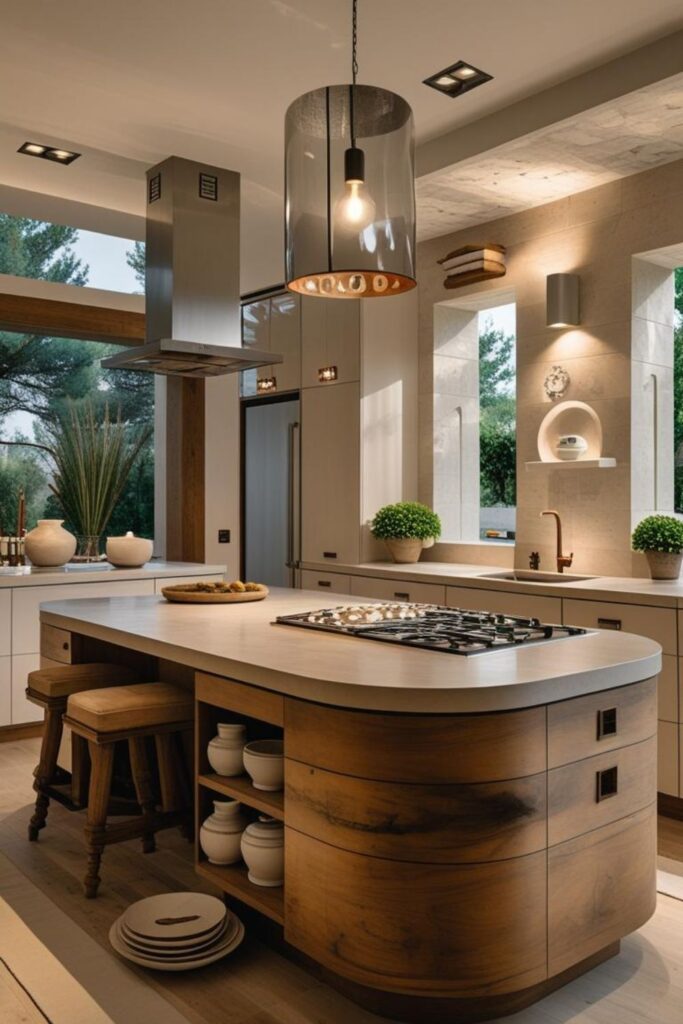Mediterranean-Modern Kitchen With Warm Grey Island and Plaster Walls