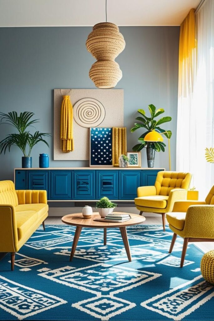 Mid-Century Living Room With Golden Yellow Sofa and Teal Blue Rug
