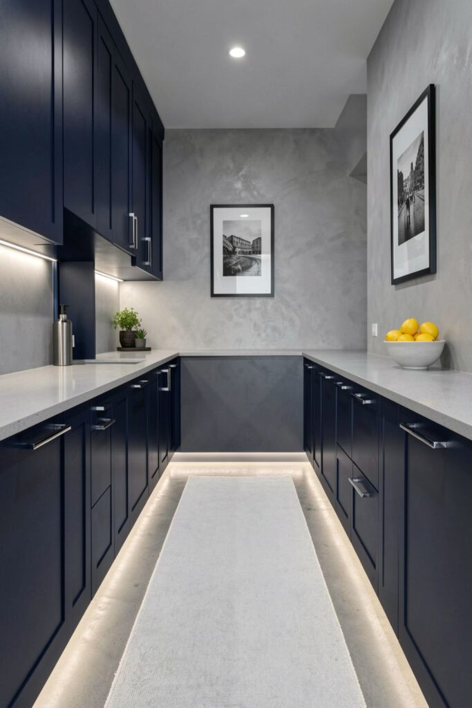 Midnight Blue Cabinets with Toe-Kick LED Floor Glow