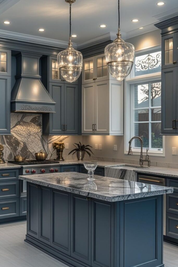 Midnight Blue Island With Creamy Perimeter Cabinets