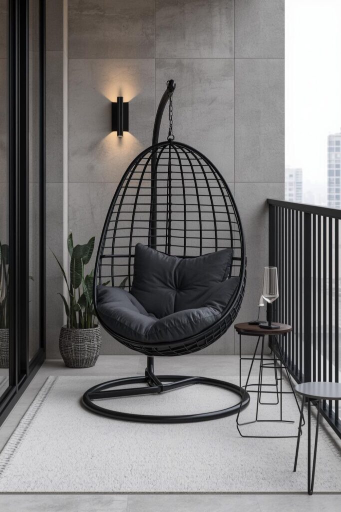 Minimal Black Frame Egg Chair for Slim City Balconies