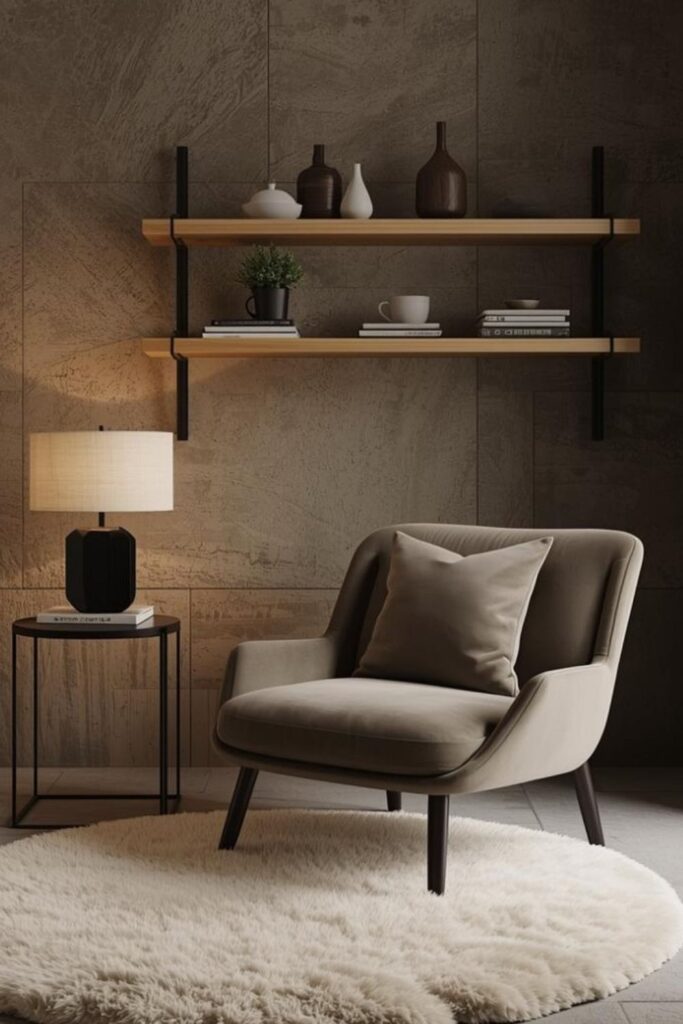 Minimal Taupe Nook with Floating Shelf and Soft Layers