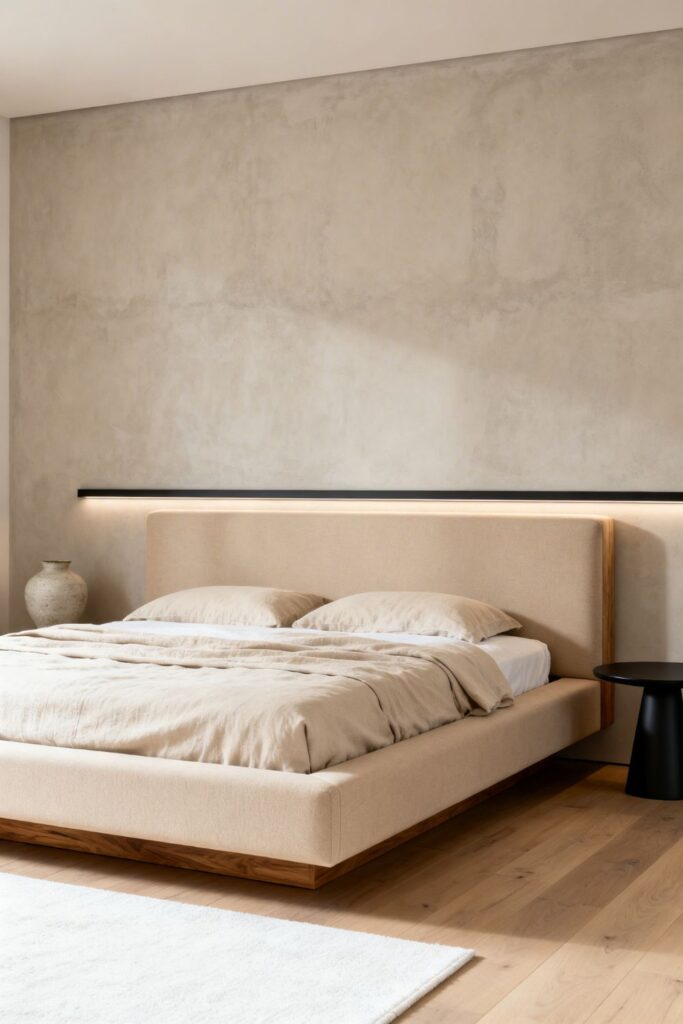 Minimalist Beige Platform Bed With Shadowline LED Headboard