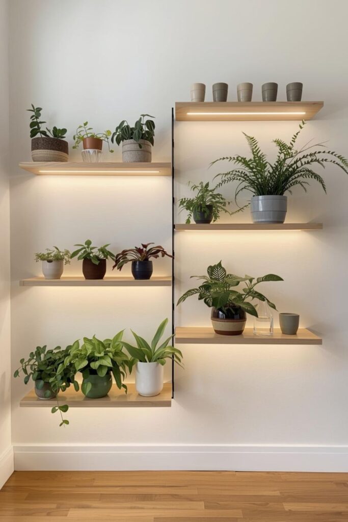 Minimalist Plant Wall with Floating Shelves and Monochrome Planters