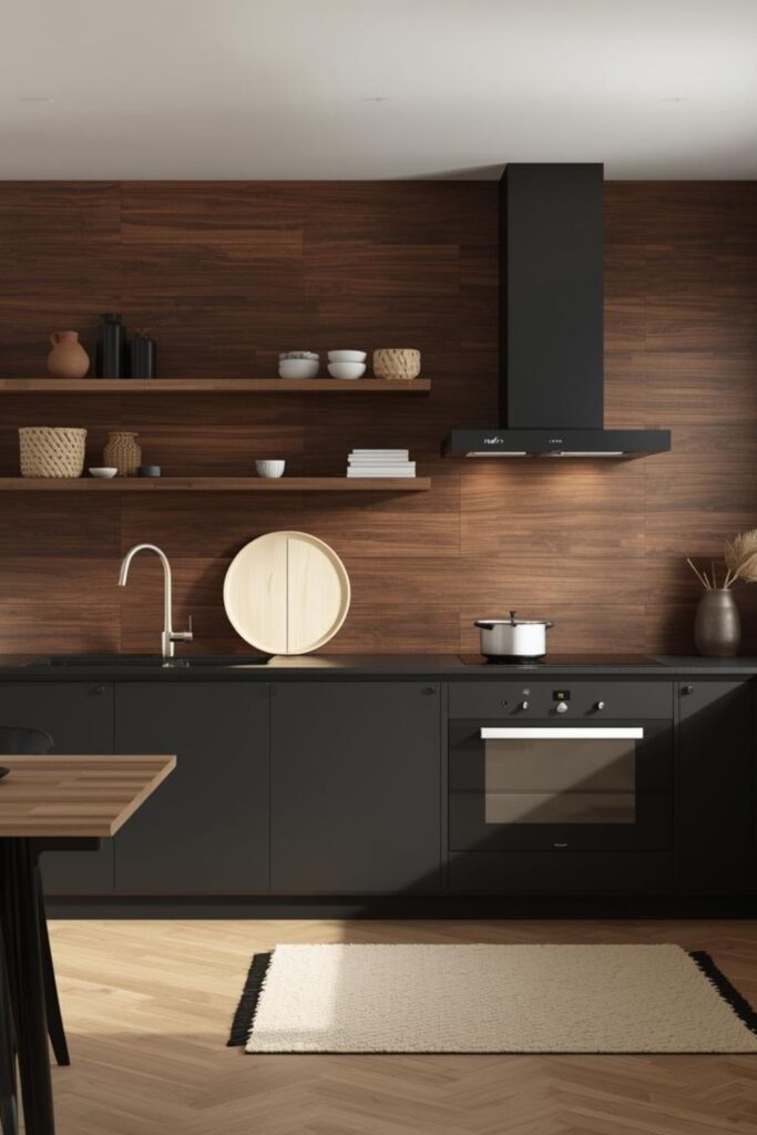 Minimalist Styling With One Statement Plant And Walnut Feature Wall