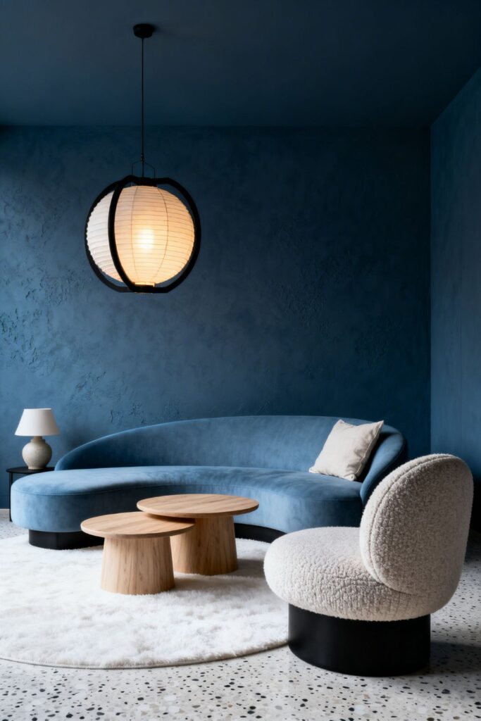 Mist Blue Organic Sofa With Black Paper Lantern Pendant