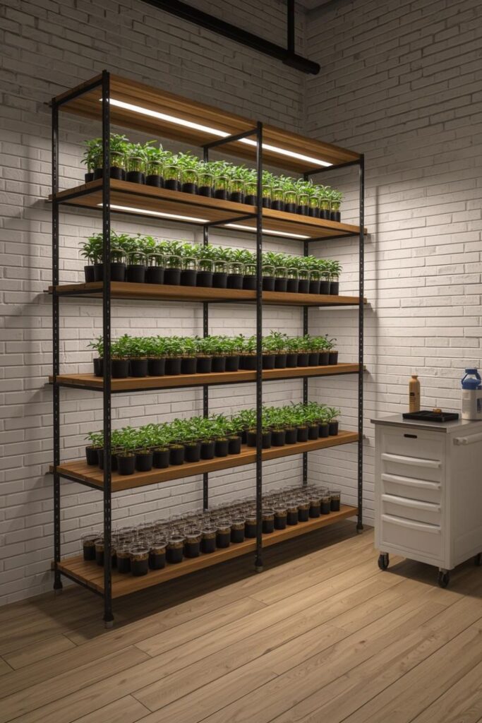 Modern Black Metal Plant Shelving with Grow Lights and Prop Jars
