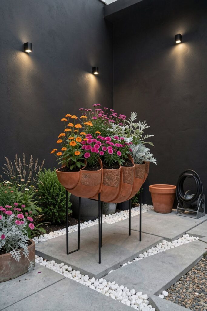 Modern Courtyard Layout with Elevated Caterpillar Planter Stand