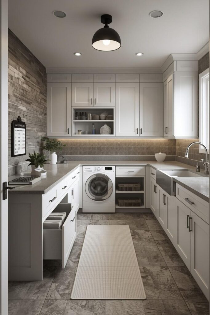 Modern Family Laundry Room With Command Center and Charging Drawer