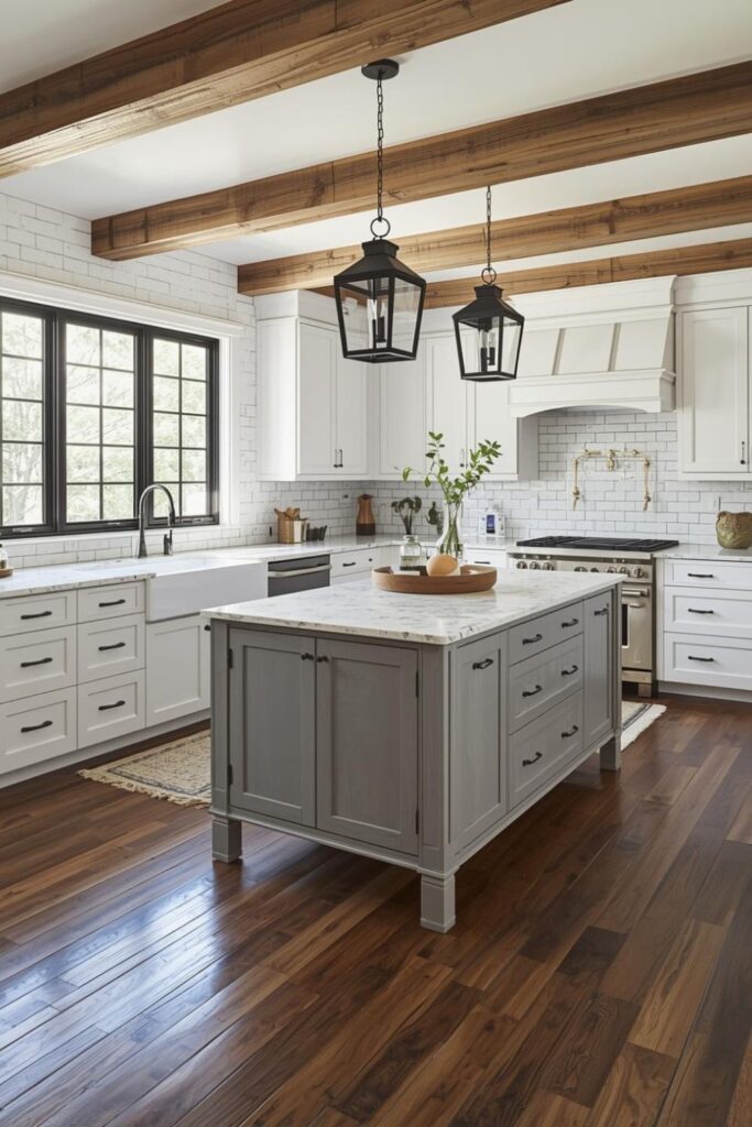 Modern Farmhouse Mix With Grey Island and Wood Beams