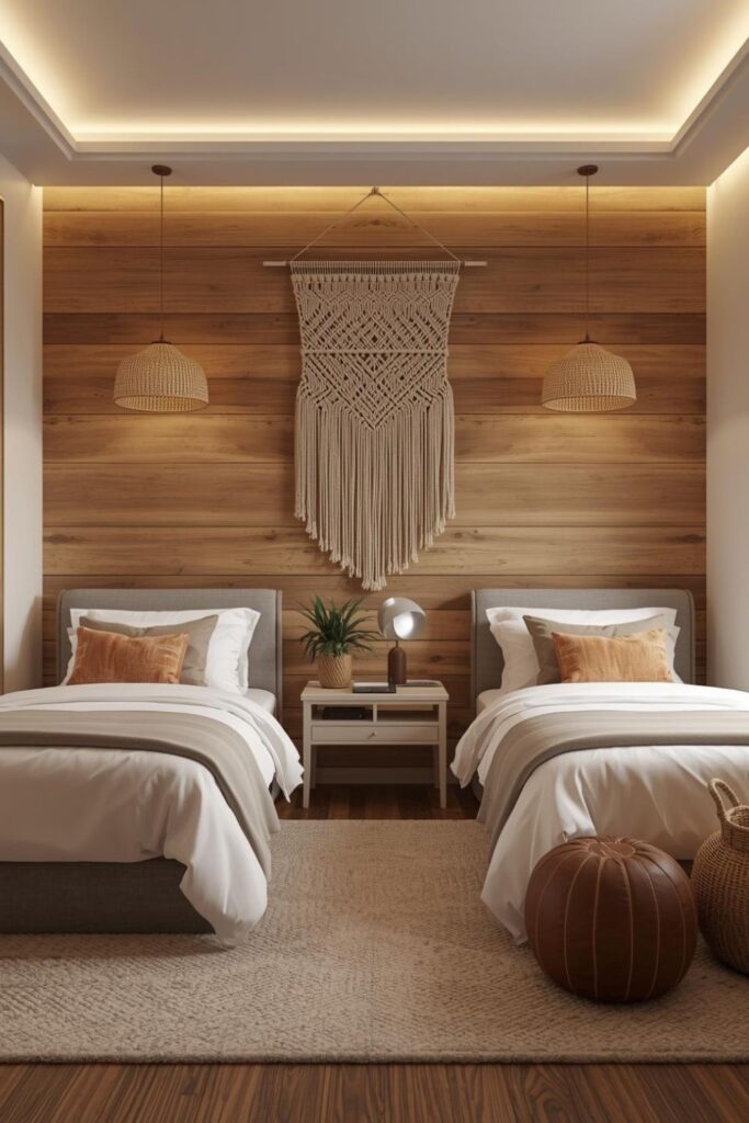 Modern Rustic Twins with Cedar Planks and Macramé Statement