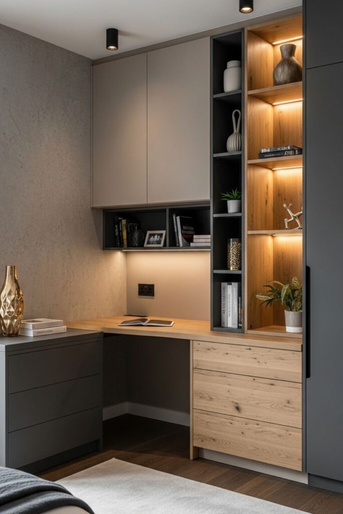 Modern Small Bedroom with Built-In Desk, Wardrobe, and Backlit Display Shelves