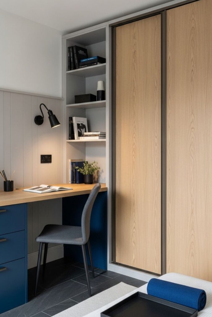 Modern Small Bedroom with Built-In Desk, Wardrobe, and Sliding Door Closet Front