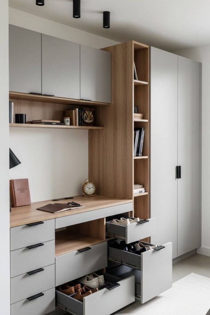 Modern Small Bedroom with Built-In Desk, Wardrobe, and Under-Desk Shoe Drawers
