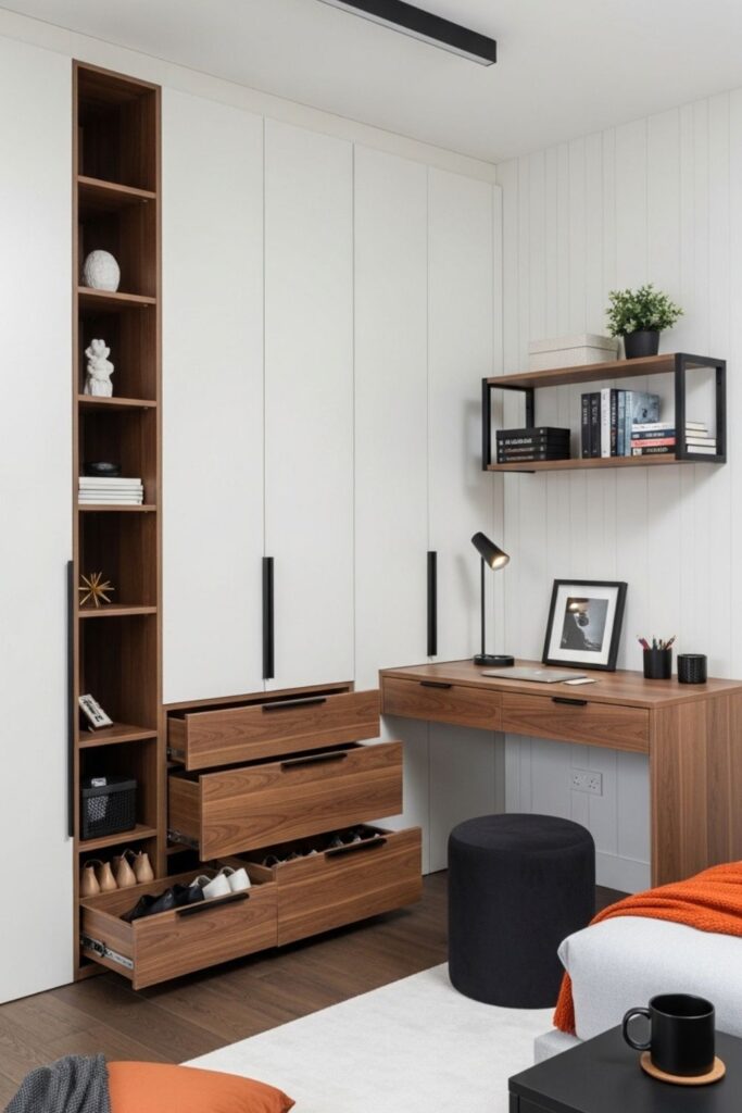 Modern Small Bedroom with Built-In Wardrobe, Floating Desk, and Hidden Shoe Storage