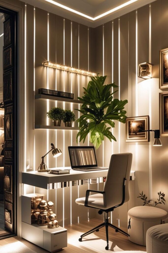 Monochrome White Office With Ribbed Panels And Black Shelf Rails