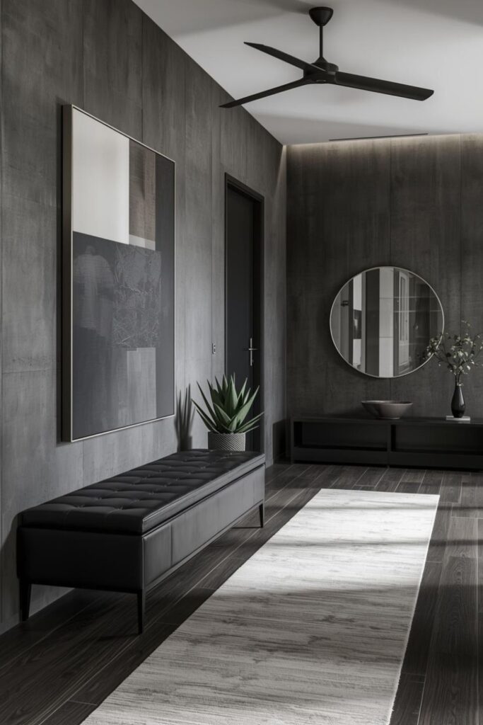 Moody Charcoal Entry With Low Bench And Oversized Art