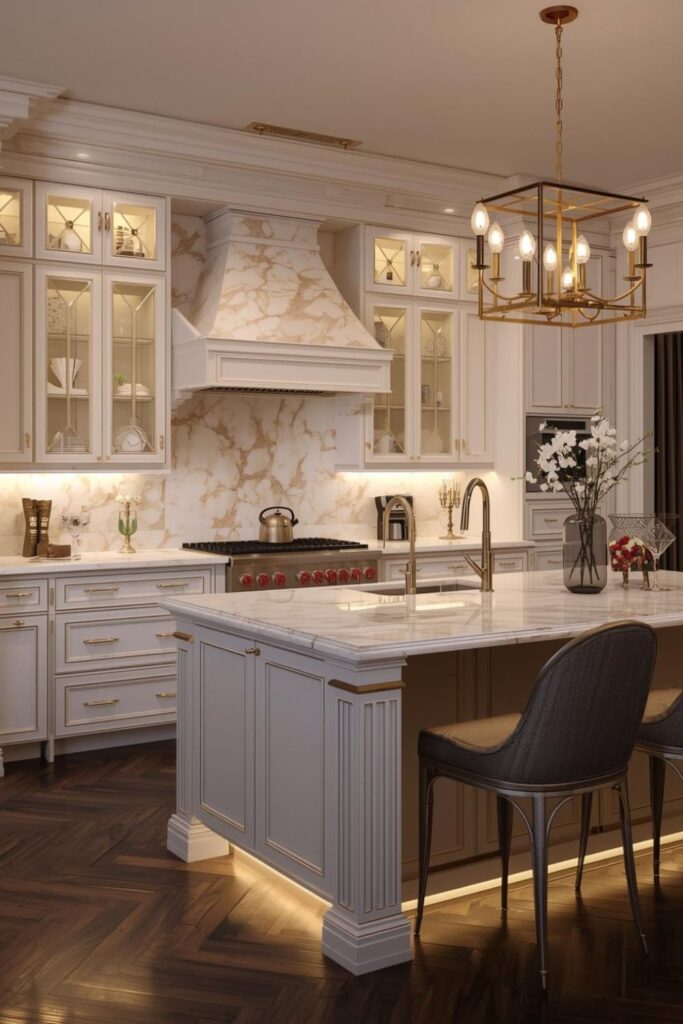 Moody Evening Kitchen with Soft White, Gold, and Warm Marble Veins