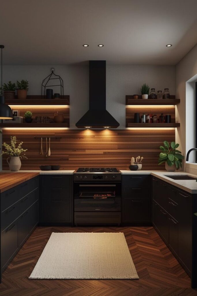 Moody Evening Lighting With Walnut Slab And Black Minimalism