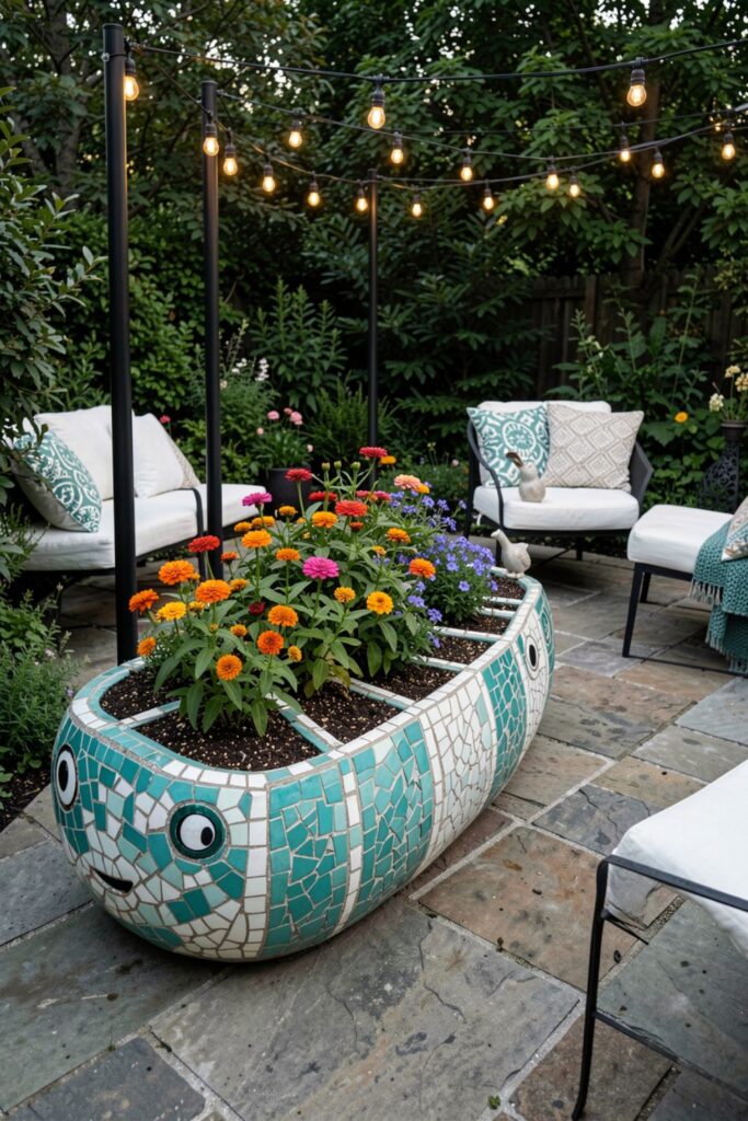 Mosaic Caterpillar Planter as a Colorful Patio Centerpiece