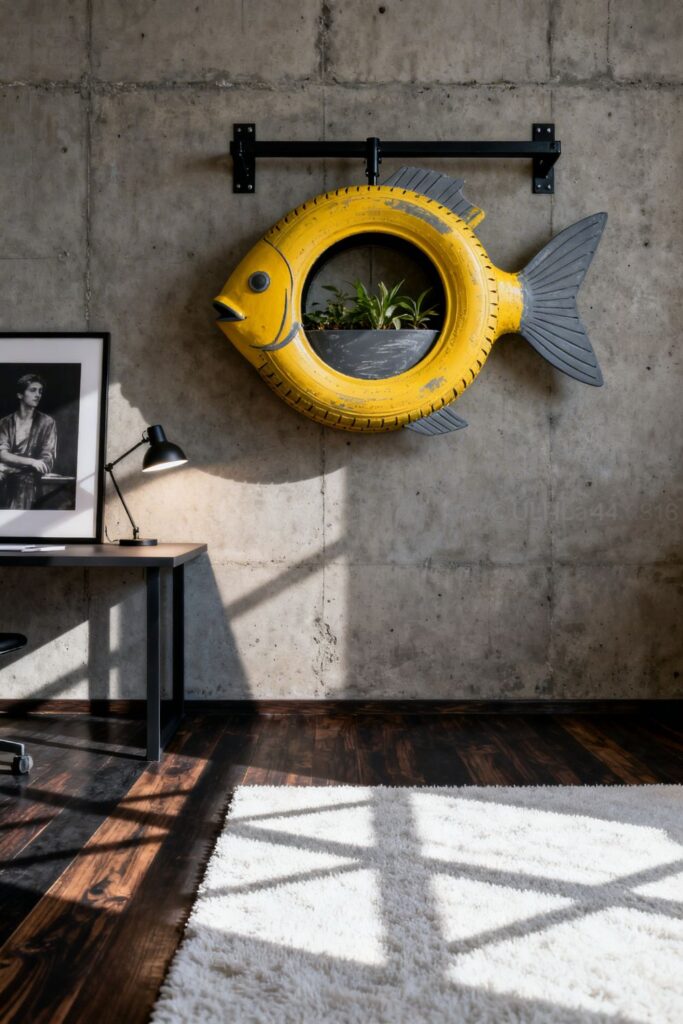 Mustard and Slate Tire Fish Planter in Creative Studio Corner