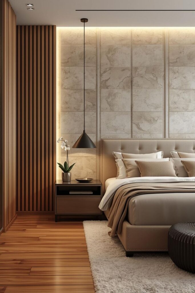 Nailhead Upholstered Bed with Cream Stone Curved LED Wall